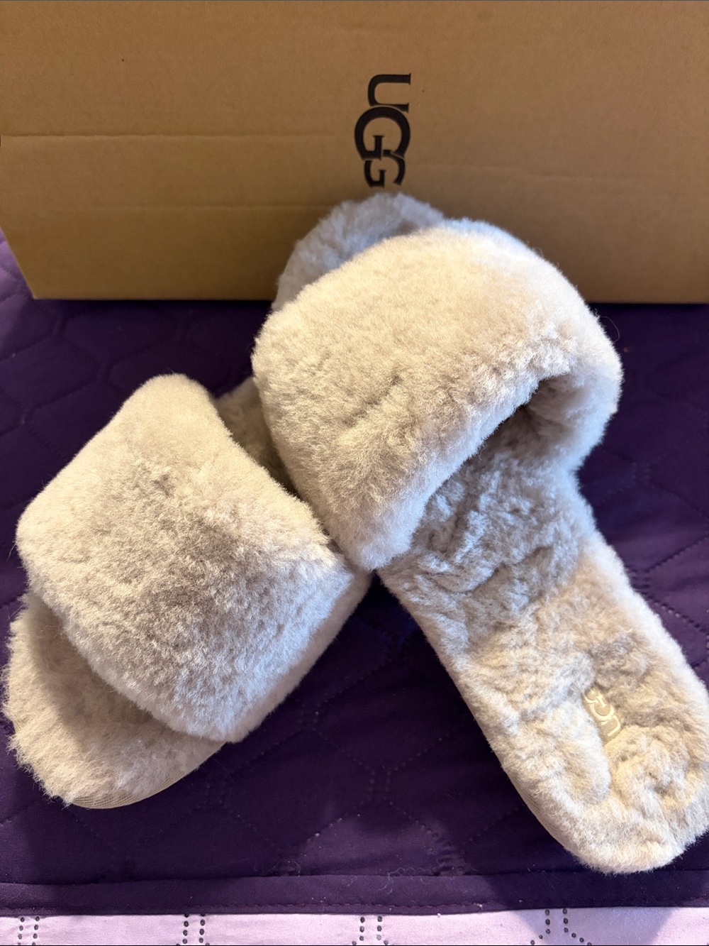 UGG Plush Shearling Slide Slippers in Light Taupe